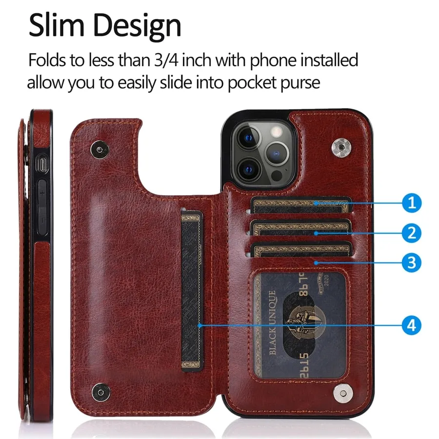 Wallet Double Button Stand Leather Case For iPhone 14 Pro Max 13 Pro 12 11 SE 2022 X XR XS Max 8 7 6 6S Plus 5 5S With Card Slot