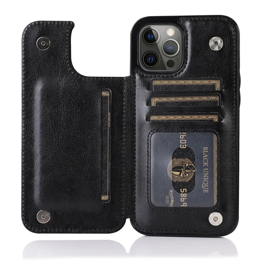 Wallet Double Button Stand Leather Case For iPhone 14 Pro Max 13 Pro 12 11 SE 2022 X XR XS Max 8 7 6 6S Plus 5 5S With Card Slot