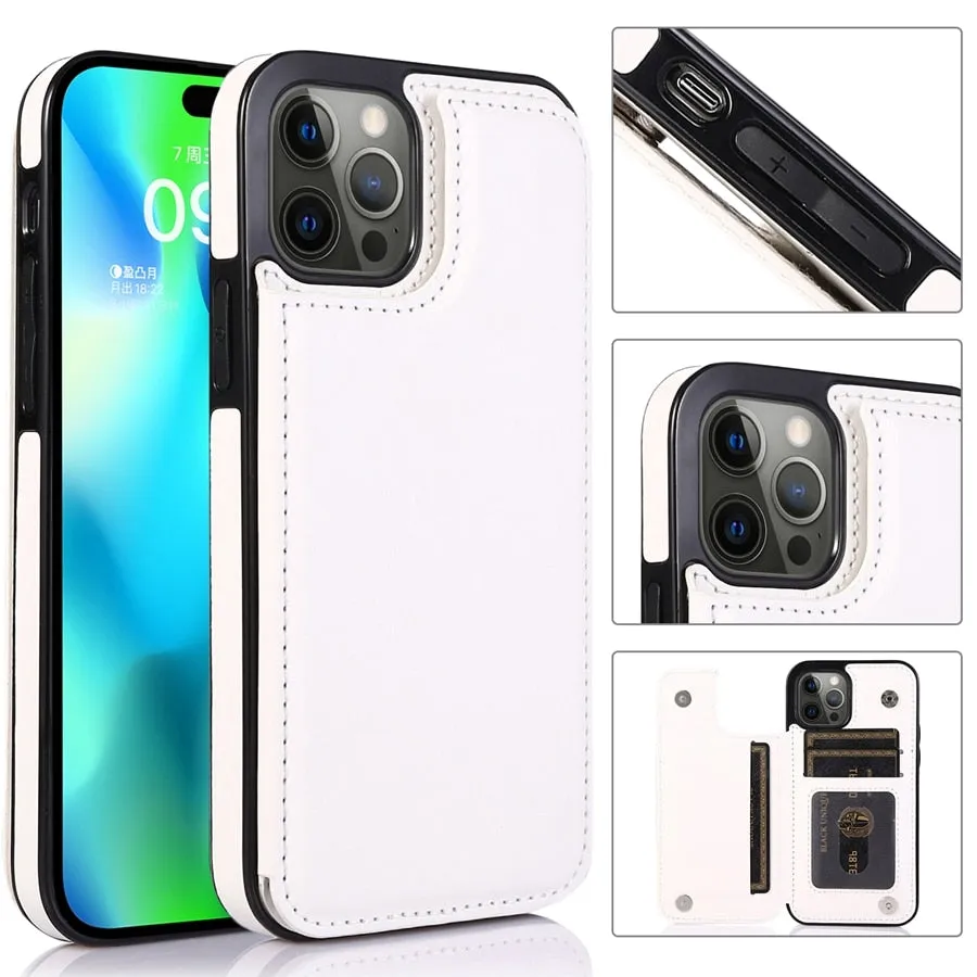 Wallet Double Button Stand Leather Case For iPhone 14 Pro Max 13 Pro 12 11 SE 2022 X XR XS Max 8 7 6 6S Plus 5 5S With Card Slot