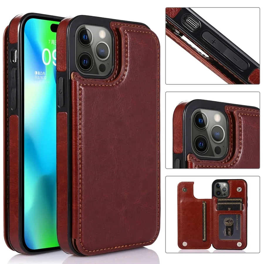 Wallet Double Button Stand Leather Case For iPhone 14 Pro Max 13 Pro 12 11 SE 2022 X XR XS Max 8 7 6 6S Plus 5 5S With Card Slot