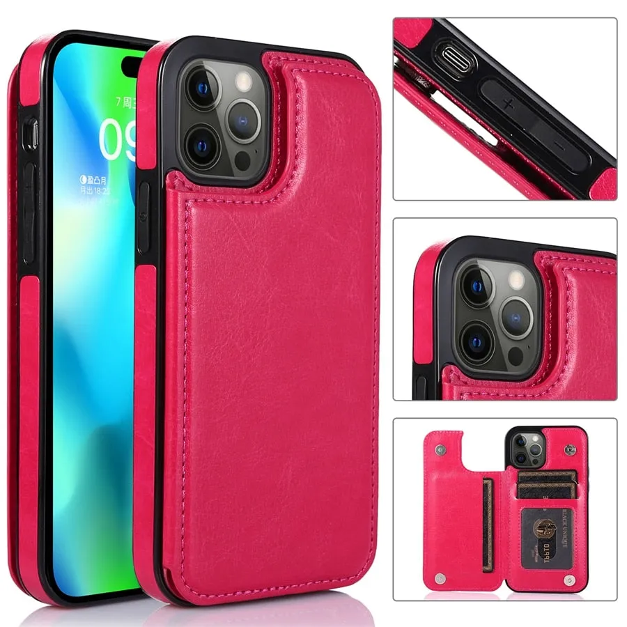 Wallet Double Button Stand Leather Case For iPhone 14 Pro Max 13 Pro 12 11 SE 2022 X XR XS Max 8 7 6 6S Plus 5 5S With Card Slot