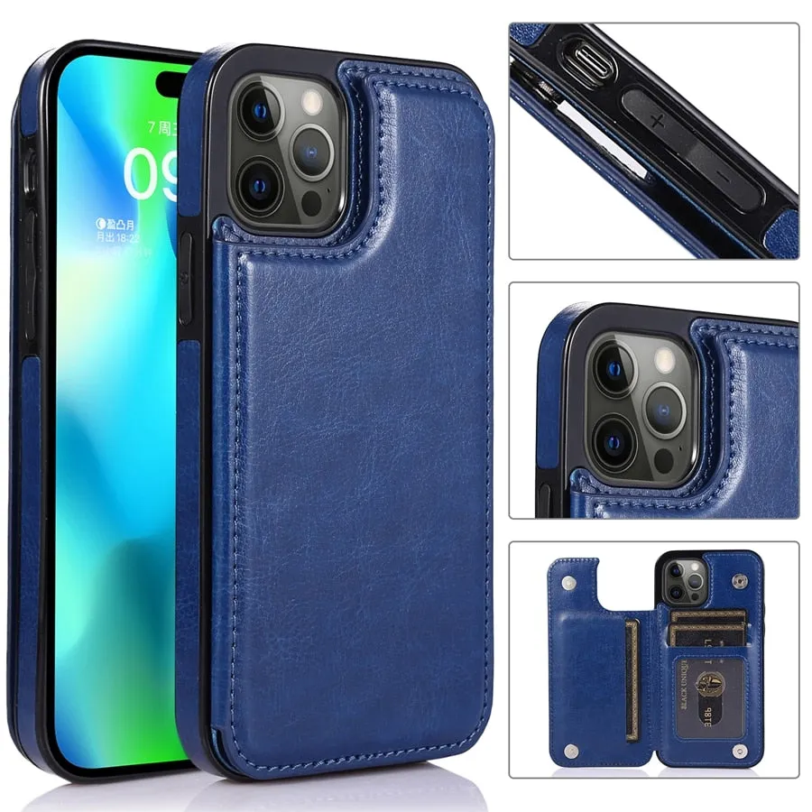 Wallet Double Button Stand Leather Case For iPhone 14 Pro Max 13 Pro 12 11 SE 2022 X XR XS Max 8 7 6 6S Plus 5 5S With Card Slot