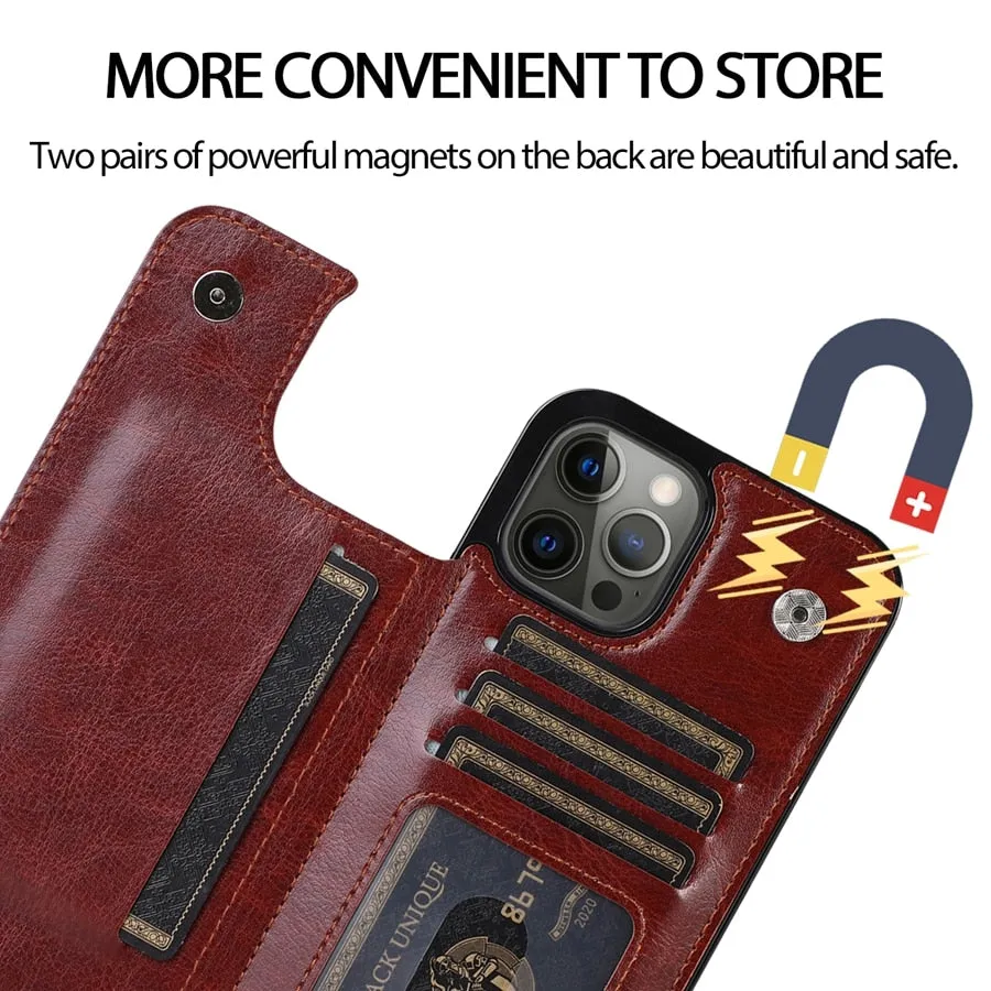 Wallet Double Button Stand Leather Case For iPhone 14 Pro Max 13 Pro 12 11 SE 2022 X XR XS Max 8 7 6 6S Plus 5 5S With Card Slot