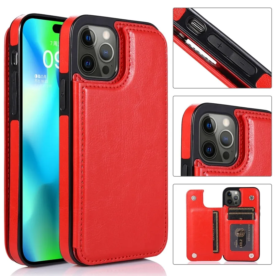 Wallet Double Button Stand Leather Case For iPhone 14 Pro Max 13 Pro 12 11 SE 2022 X XR XS Max 8 7 6 6S Plus 5 5S With Card Slot