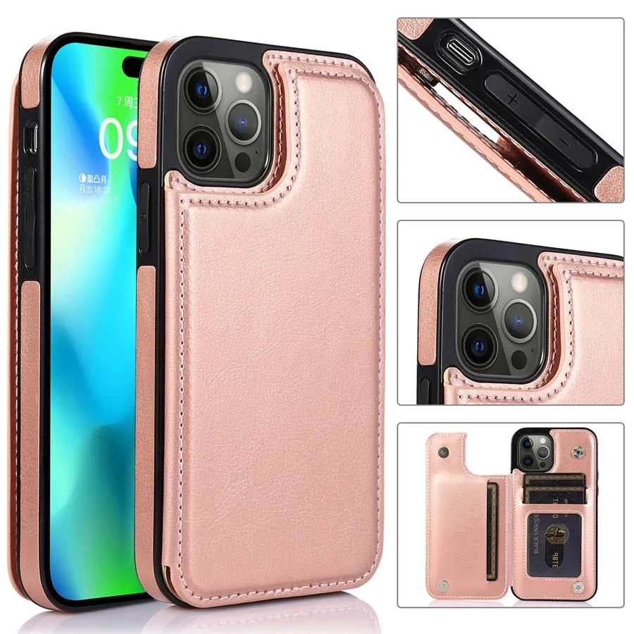 Wallet Double Button Stand Leather Case For iPhone 14 Pro Max 13 Pro 12 11 SE 2022 X XR XS Max 8 7 6 6S Plus 5 5S With Card Slot