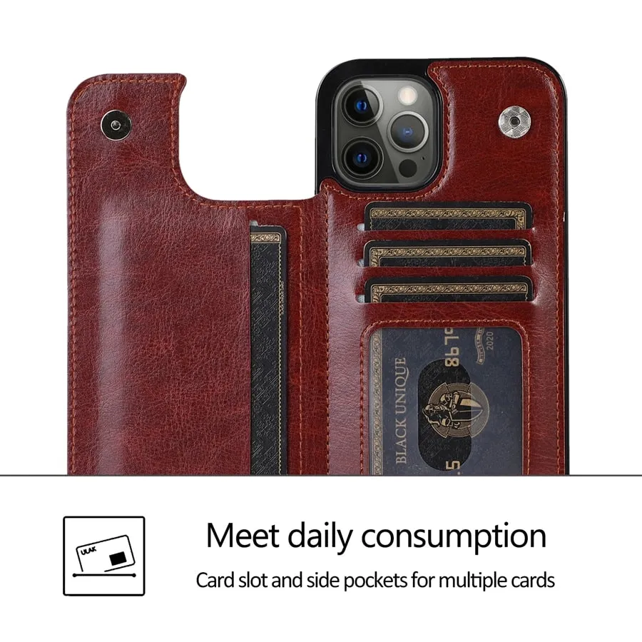 Wallet Double Button Stand Leather Case For iPhone 14 Pro Max 13 Pro 12 11 SE 2022 X XR XS Max 8 7 6 6S Plus 5 5S With Card Slot