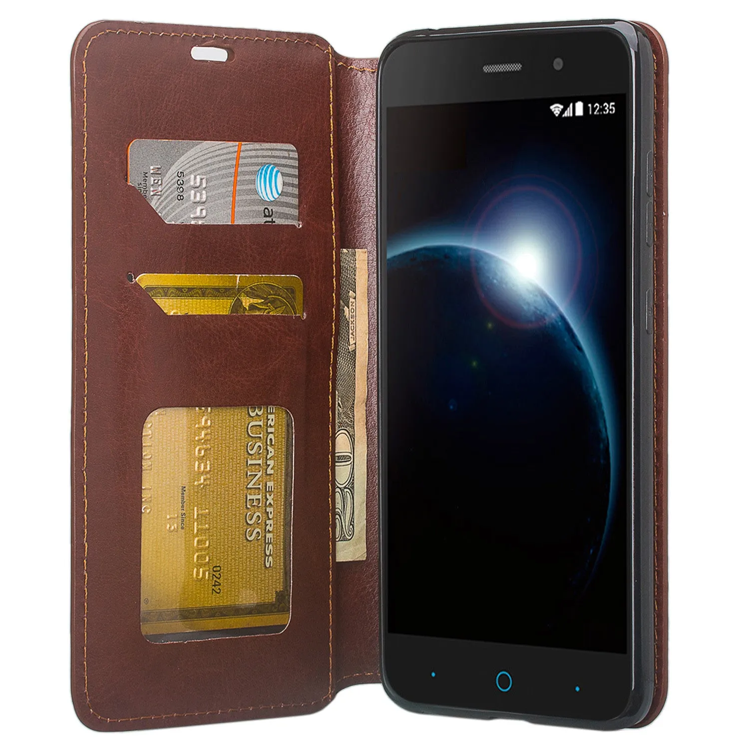 ZTE Sequoia | Blade Z Max | ZTE Z982 Case, Faux Leather Magnetic Flip[Kickstand] Wallet Case Cover with ID & Card Slots - Brown